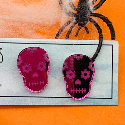 Mirror Sugar Skull Studs